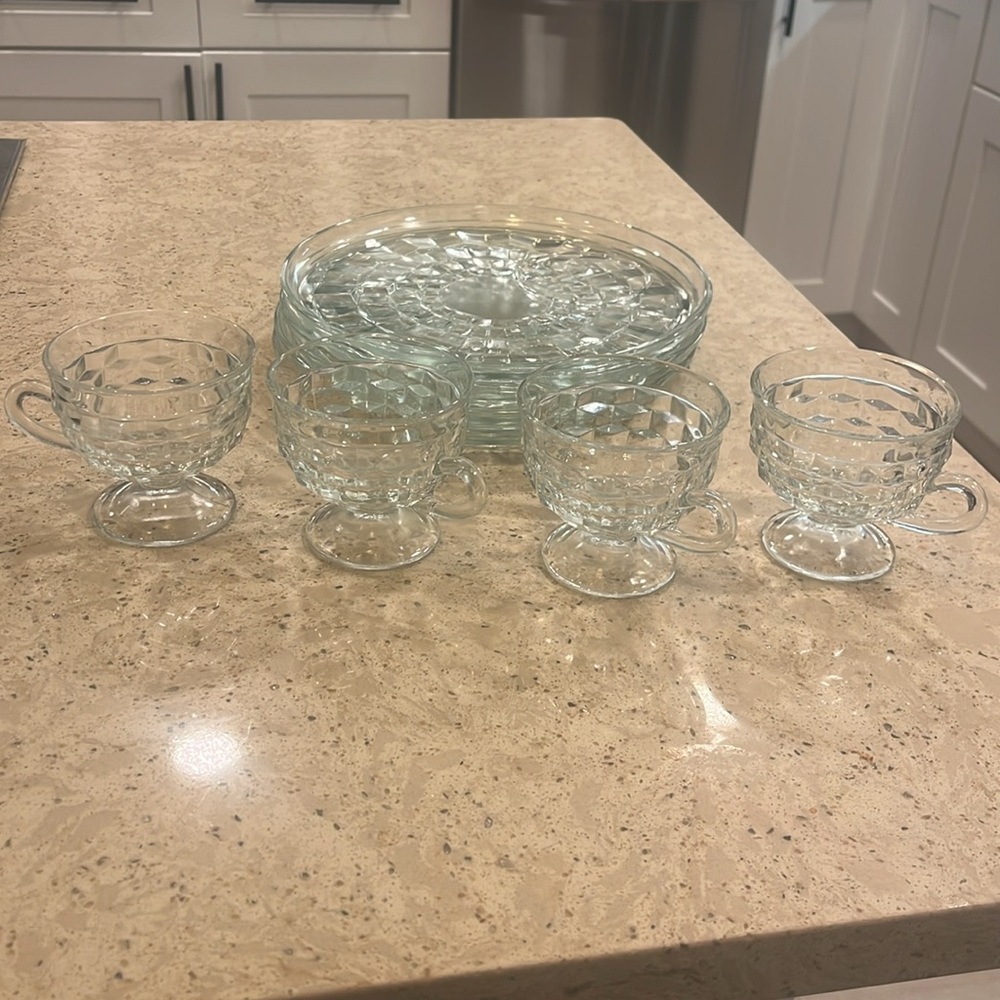 Set of Four Snack Plate/Cup Sets Indiana Glass Whitehall